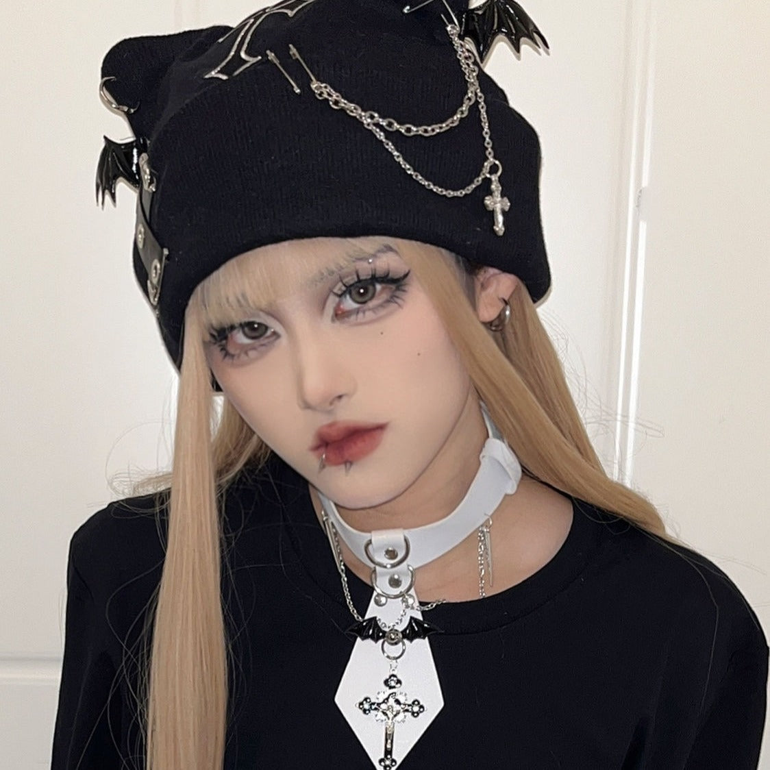 Punk Cat Ear Wool Hat with Cross Chain