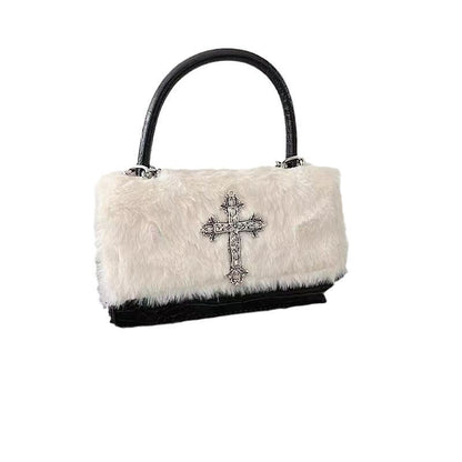 Gothic Fluffy Cross Mini Bag with Detachable Chain Strap