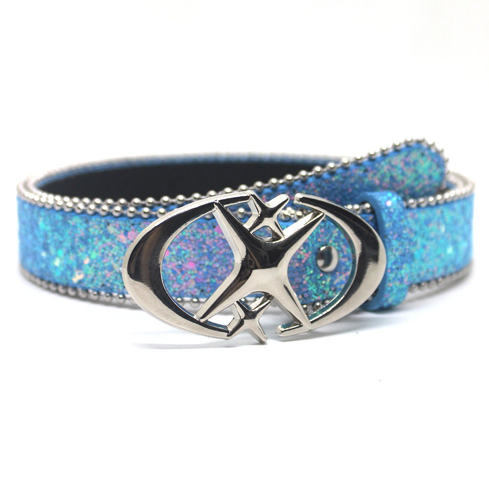 Double crescent moon cross-stripe sequin belt