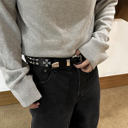Double-Nail Cross Leather Belt