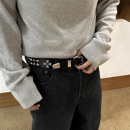 Double-Nail Cross Leather Belt