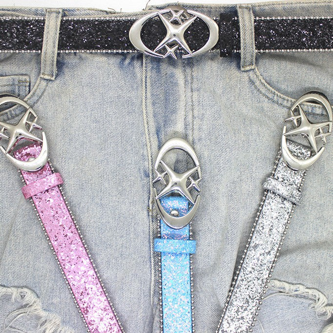 Double crescent moon cross-stripe sequin belt