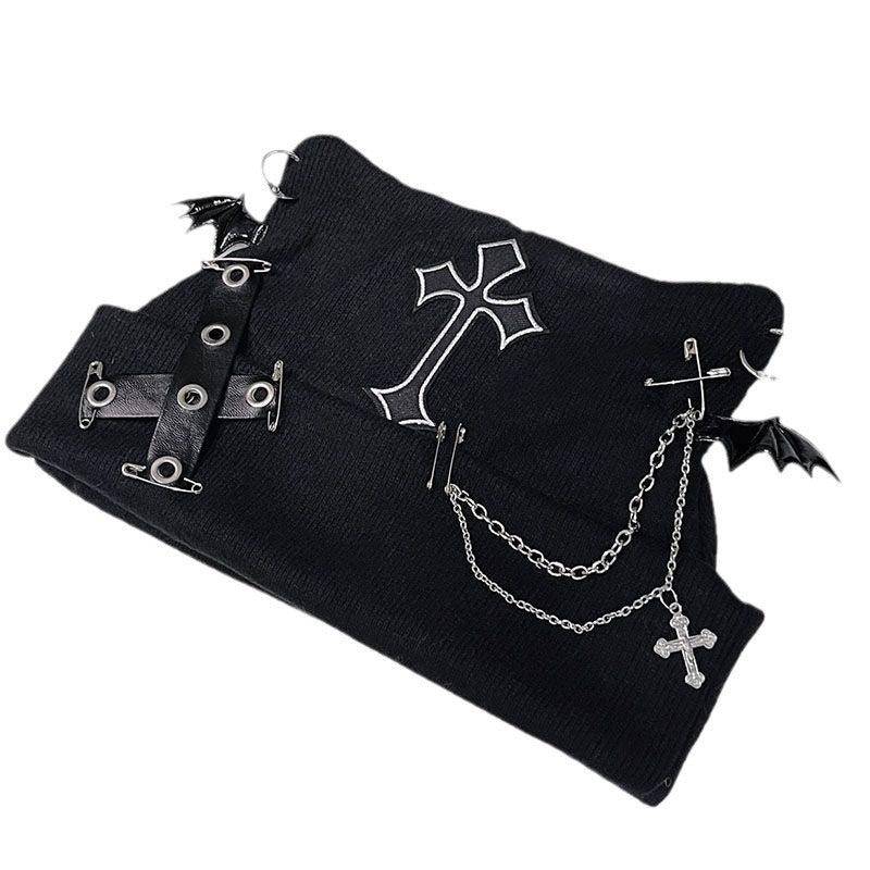 Punk Cat Ear Wool Hat with Cross Chain