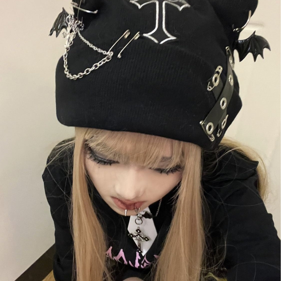 Punk Cat Ear Wool Hat with Cross Chain
