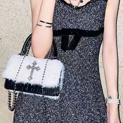 Gothic Fluffy Cross Mini Bag with Detachable Chain Strap