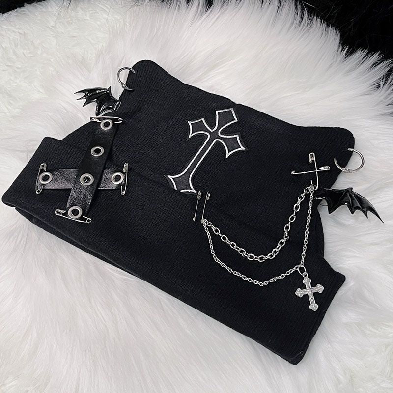 Punk Cat Ear Wool Hat with Cross Chain