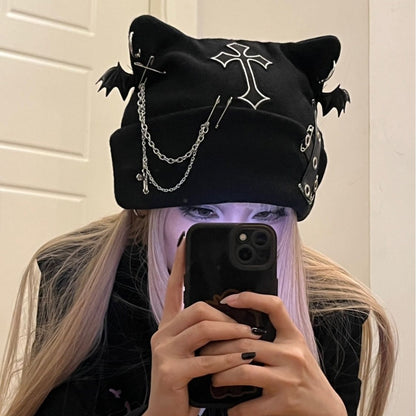 Punk Cat Ear Wool Hat with Cross Chain